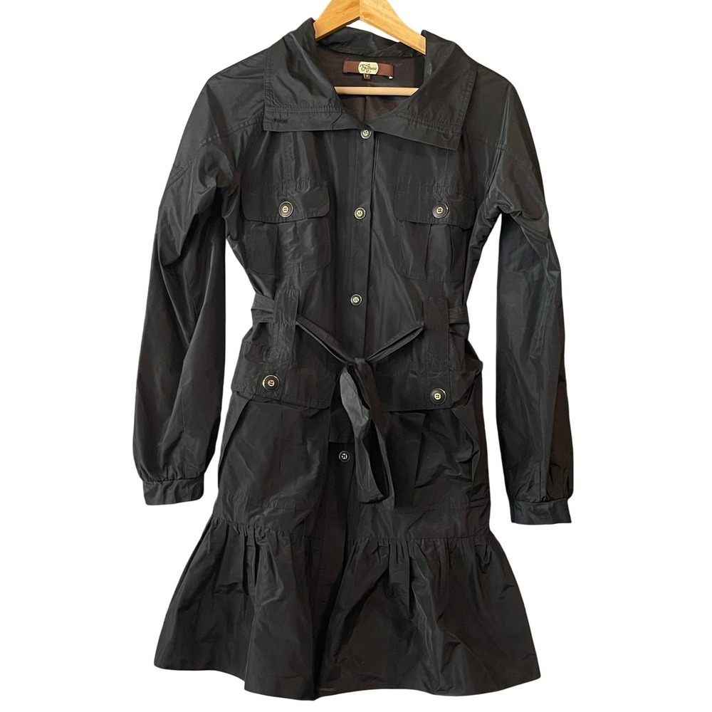 Eva Franco Black Trench Coat Dress Whimsygoth Witch Belted Ruffle Hem‎ Size 2